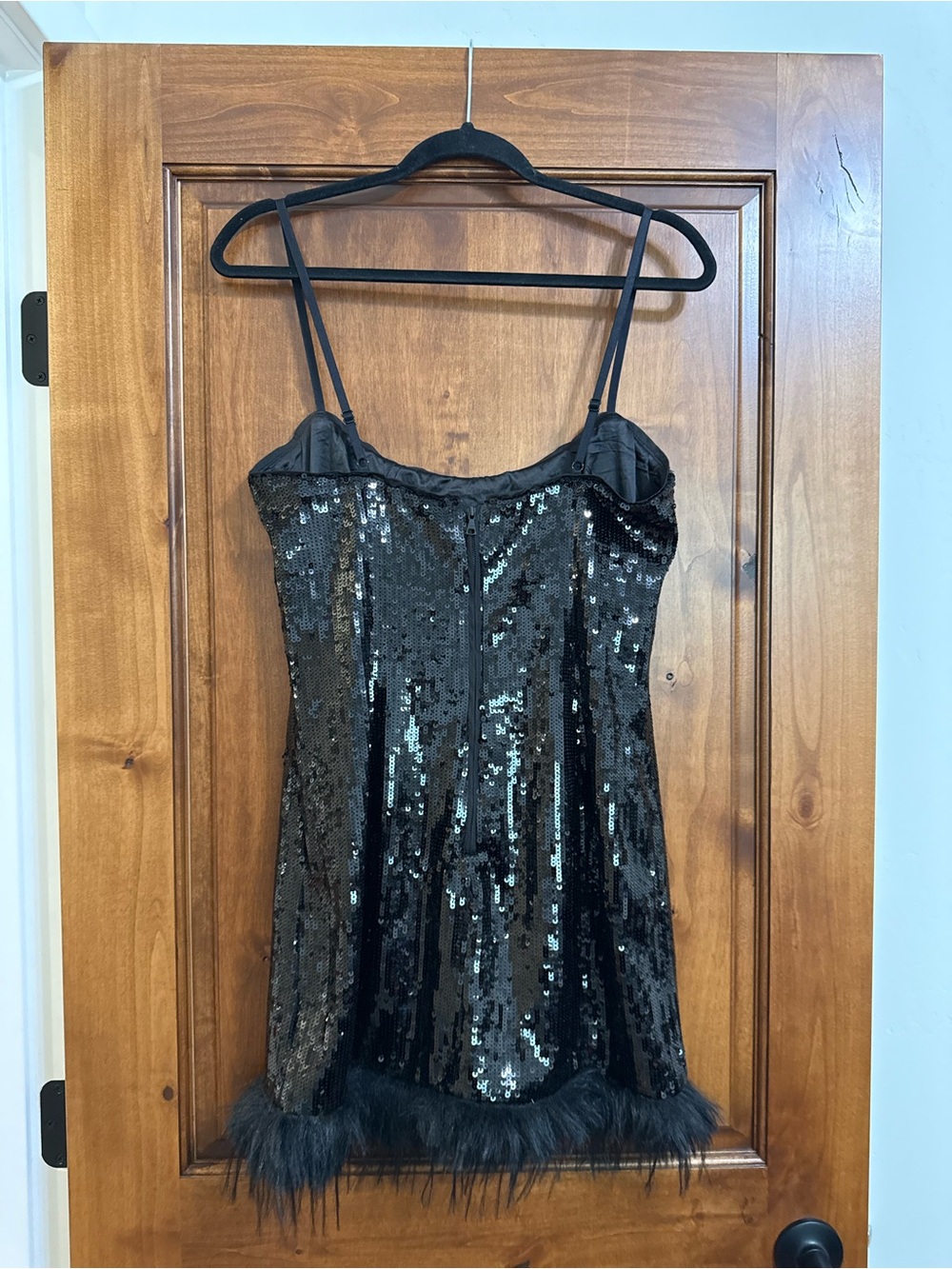 Bardot Black Sequin Dress with Feather Trim - Picture 2 of 3